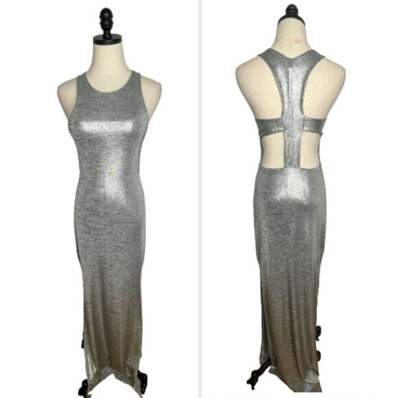 Anthropologie S Slinky Stretch Silver Maxi Dress Sexy Cutout Racer Back Crewneck - Picture 1 of 9